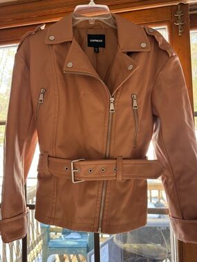 Express Tan Faux Leather Belted Moto Jacket, Size Small